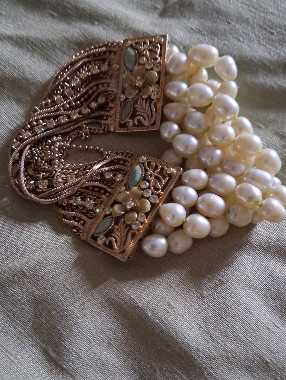 Multi-Strand White Pearl Bracelet with Rose Gold Filigree Clasp